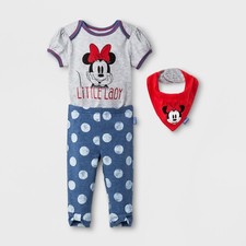 Minnie Mouse Little Lady Baby Girl 3 Piece Bodysuit Pants Bib NWT Disney Baby