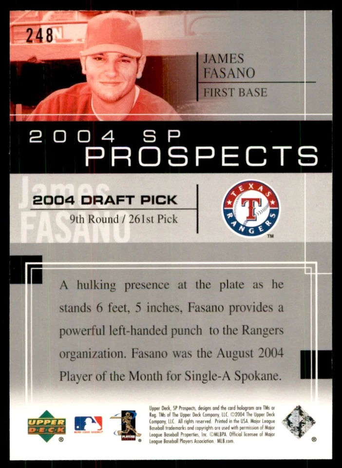 2004 UPPER DECK SP PROSPECTS JAMES FASANO TEXAS RANGERS #248 - Image 2 of 2
