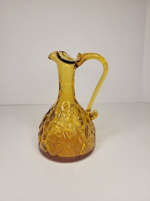 UNIQUE Vintage Amber Hand blown Glass Small Pitcher 6'' ART GLASS HTF BEAUTIFUL