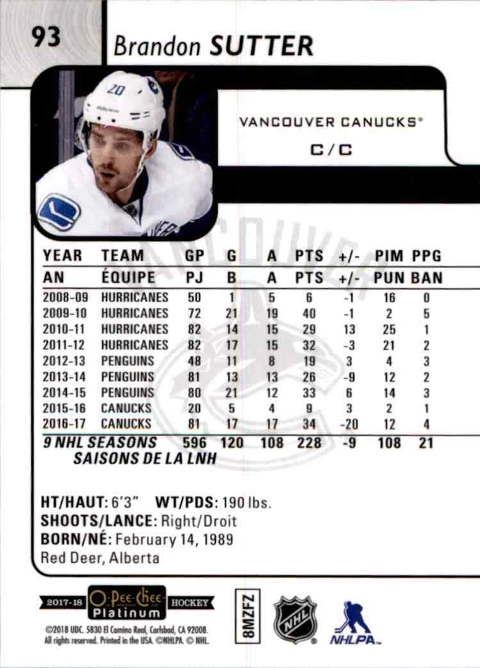 2017-18 O-Pee-Chee Platinum Brandon Sutter #93 - Image 2 of 2