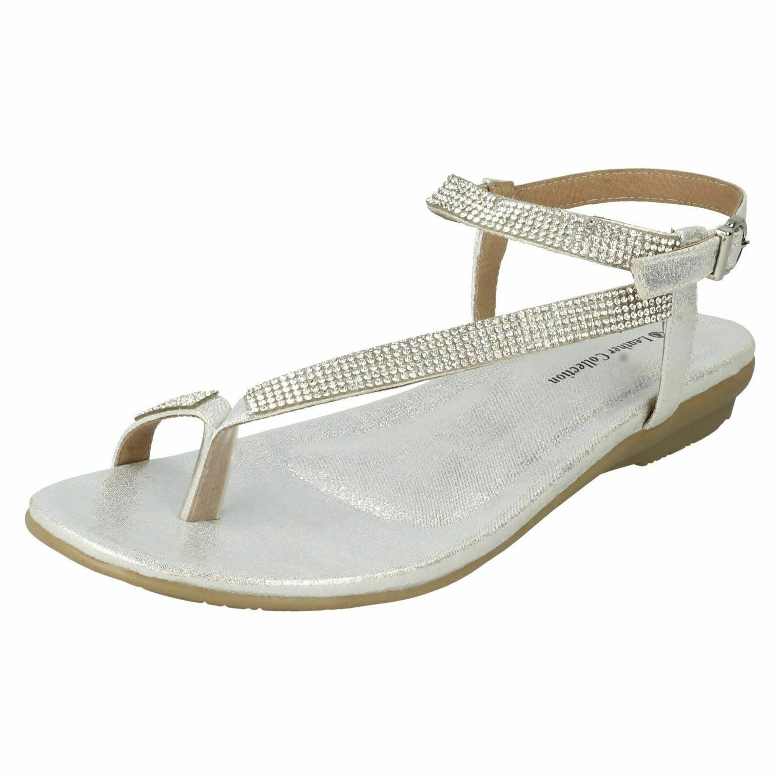 SALE* Ladies Leather Collection Y Strap Toe Loop Diamante Silver Sandals  F0937 | eBay