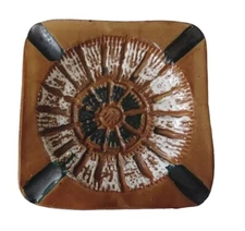 VINTAGE CERAMIC ART POTTERY ASHTRAY MCM BOHO TIKI 8.25" BROWN BLACK WHITE 