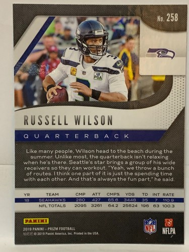 RUSSELL WILSON - 2019 Panini Prizm Football - #258 SEATTLE SEAHAWKS - Picture 2 of 2