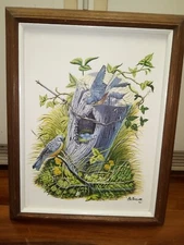 Framed Art, A. Nucum Nature Painting On Canvas, Stump Birds Acrylic Paint