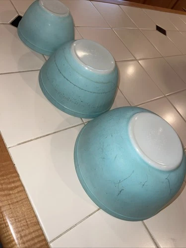Set of 3 Vtg Pyrex Turquoise Mixing Bowls Primary Colors 401 402 403 1950s-60s