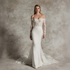Off Shoulder Long Sleeves Sweetheart Neckline Mermaid Satin Wedding Dress