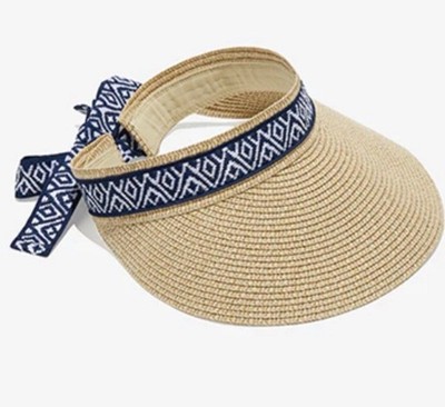 Sea & Grass Straw Sun Visor w Navy Blue & White Ties Beach Golf Pickle Ball Hat