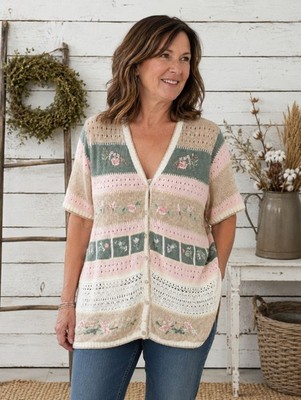 Vintage Classic Elements Cottagecore Floral Knit Cardigan Sweater XL Grannycore
