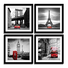 ENGLANT 4-Piece Framed Canvas Wall Art, Eiffel Tower Brooklyn Bridge Big Ben