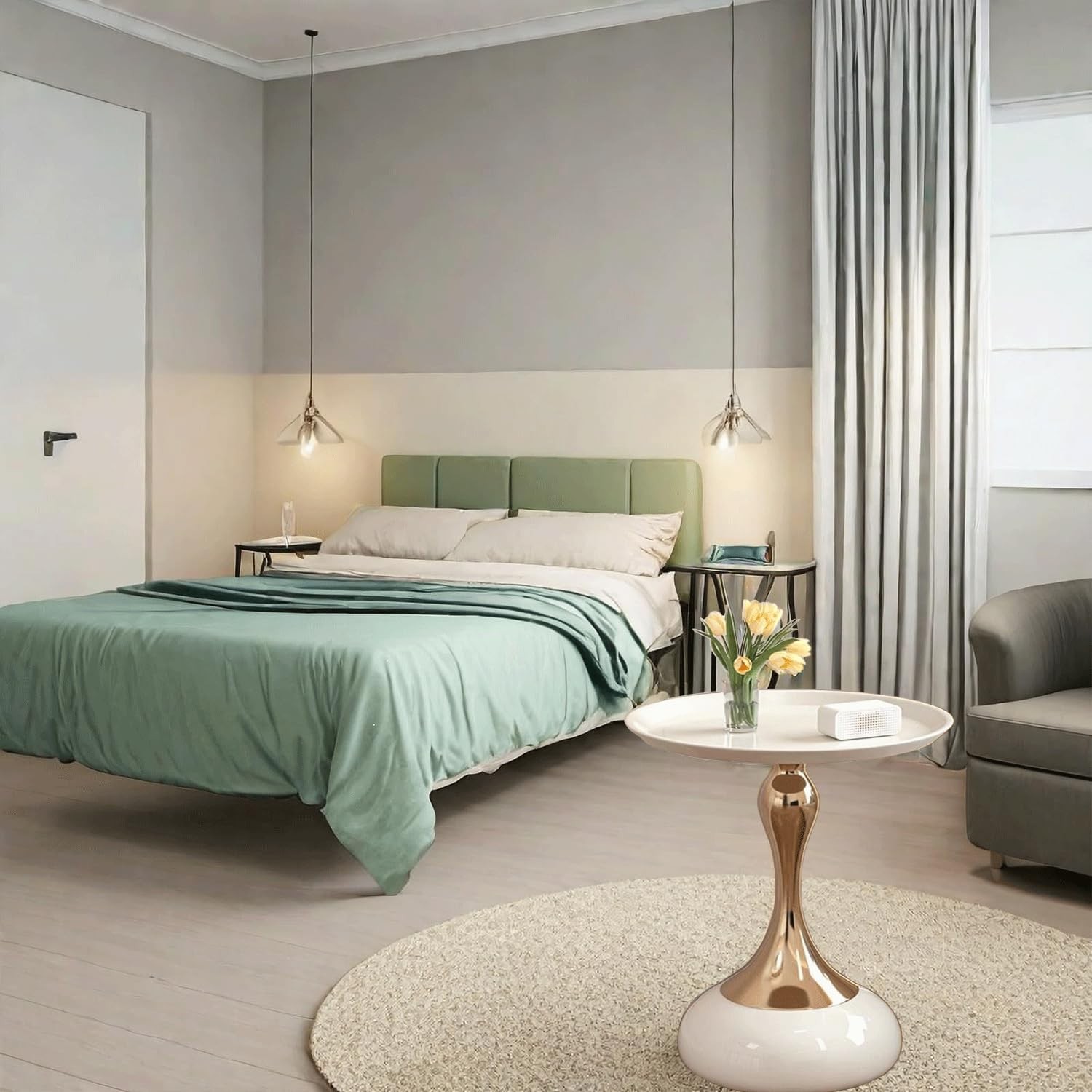 Modern Round Side Table with Gold Pedestal Base, Black Metal Top, Accent End ...