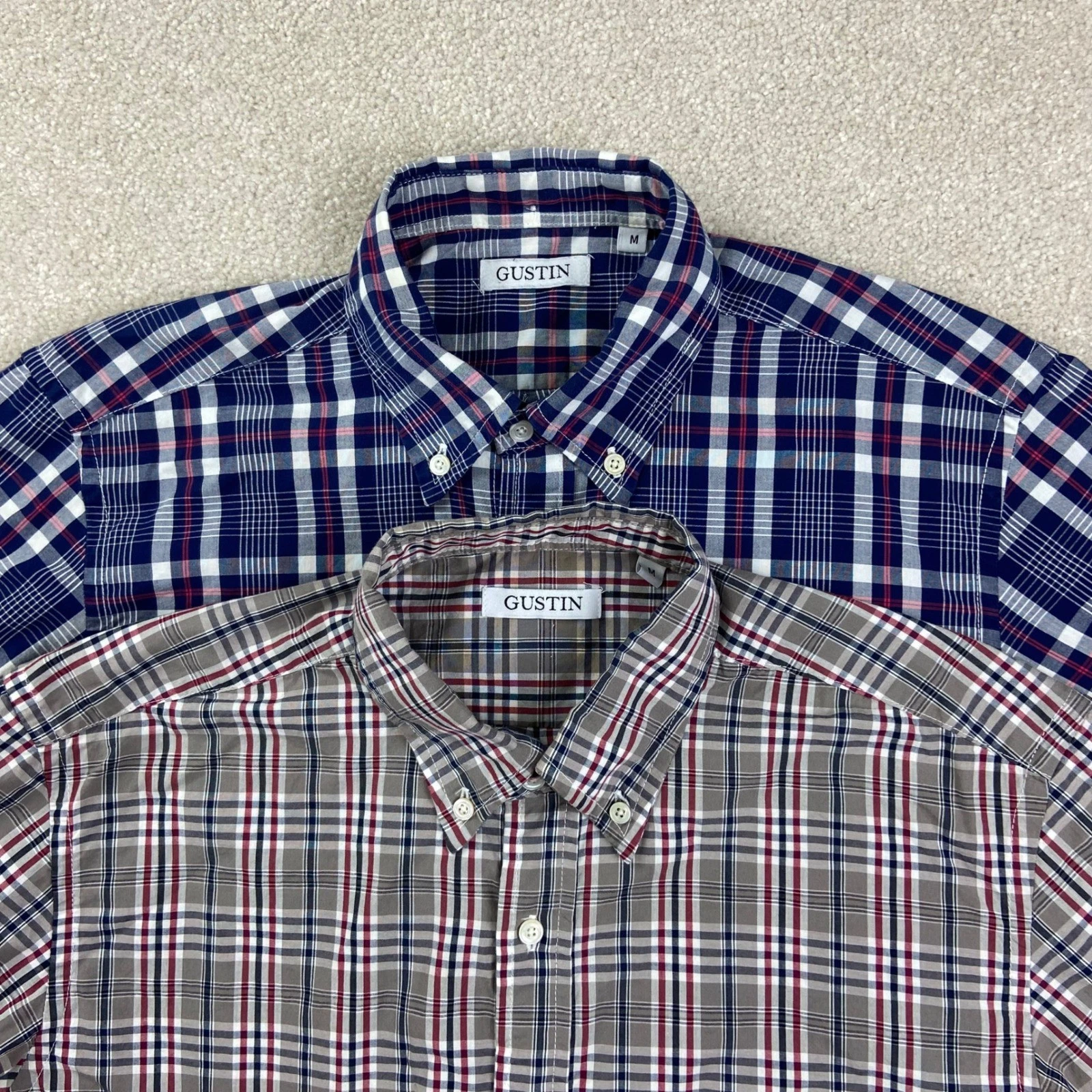 Lot Of 2 Gustin Button Down Shirt Mens M Blue Grey Plaid Cotton Made in USA