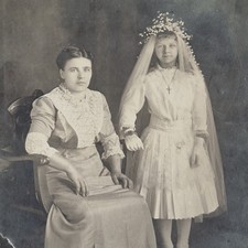 Antique Catholic First Communion Girl with Mother Portrait Photo c1900s on Card