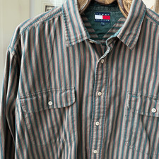 Vintage 90s Tommy Hilfiger Brown Green Stripe Relax Fit Button Down Shirt XL