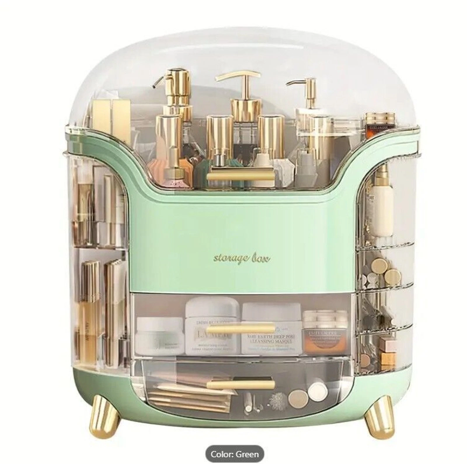 Large Makeup Organizer Storage Box w/ Clear Lid Vanity Cosmetic Case Green