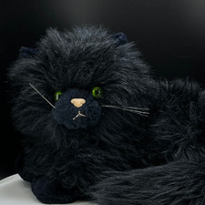 Vintage Russ Berrie Realistic Sassy Long Hair Black Cat 15" Plush Green Eyes