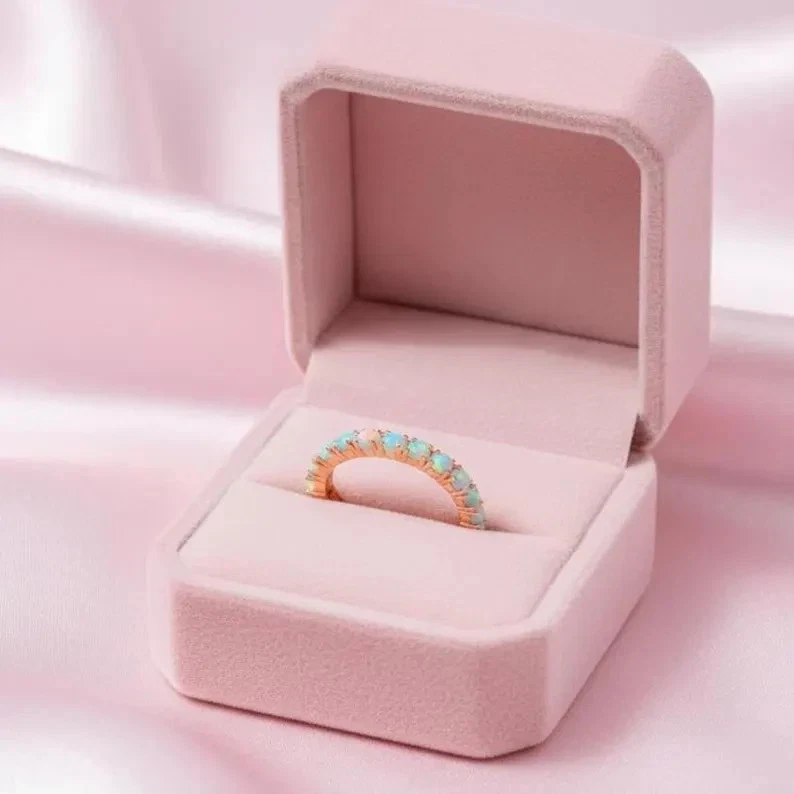 Natural Opal Wedding Band Ring Fire Opal Eternity Ring Rose Gold Welo Opal Ring - Image 4 of 4