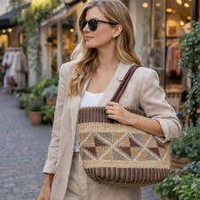 Woven Tote Bag Geometric Pattern Earth Tones Top Handle Bag Boho Festival
