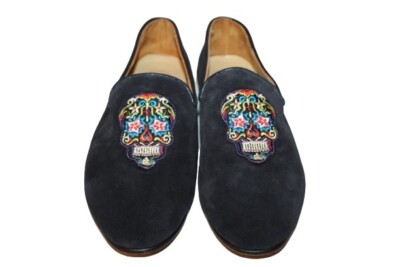 $275 Res Ipsa Day of the Dead Black Suede Loafers Slip On 
