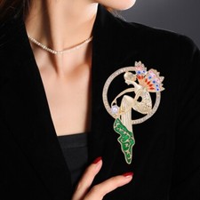 Nouveau Nymph Fairy Lady Brooch Pin Gold Tone Faux Pearl Rhinestones