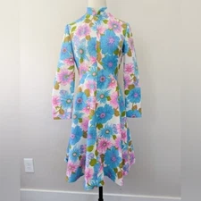 Vintage 70s Fit And Flare Floral Dress Nehru Collar Pastel 