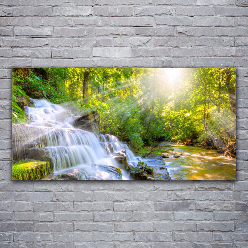 Tableau sur verre brillant 120x60 cm paysage de forêt et cascade