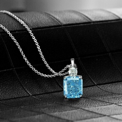 ネックレス・ペンダント BULE LADIANT Radiant Lab Created Blue Topaz Women's Pendant Necklace 14K White