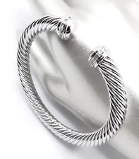 GORGEOUS Artisanal Unique Silver Twisting 12mm Cable Crystals Tip Cuff Bracelet