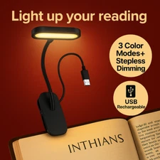 Rechargeable LED Book Light Clip On, USB, 3 Colors, Dimmable, Flexible Neck Lamp