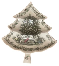Johnson Bros  Vintage Merry Christmas 3 Parts Tree Shaped 14" Plate Candy Dish