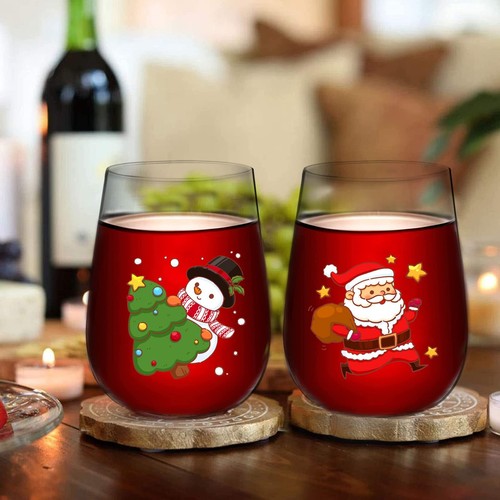 Christmas Wine Glasses Set of 4 Santa Stemless Wine Glass Wine Glass Christma... - Picture 5 of 7