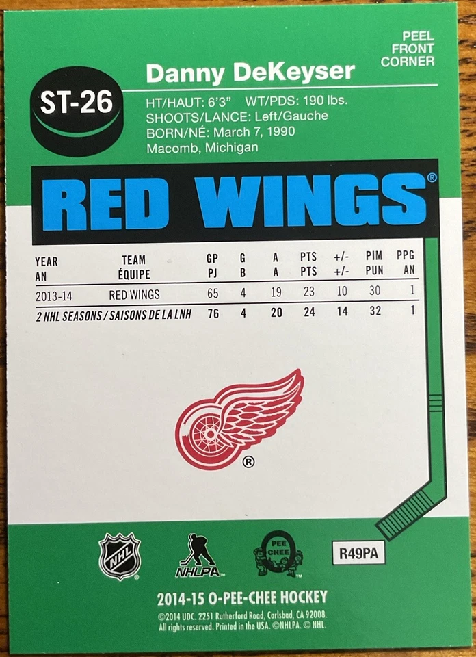 2014-15 O-Pee-Chee Stickers Danny DeKeyser #ST-26 Detroit Red Wings - Image 2 of 2