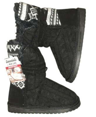 Muk Luks Black Clementine Knit Sweater Fairisle Winter Boots Size