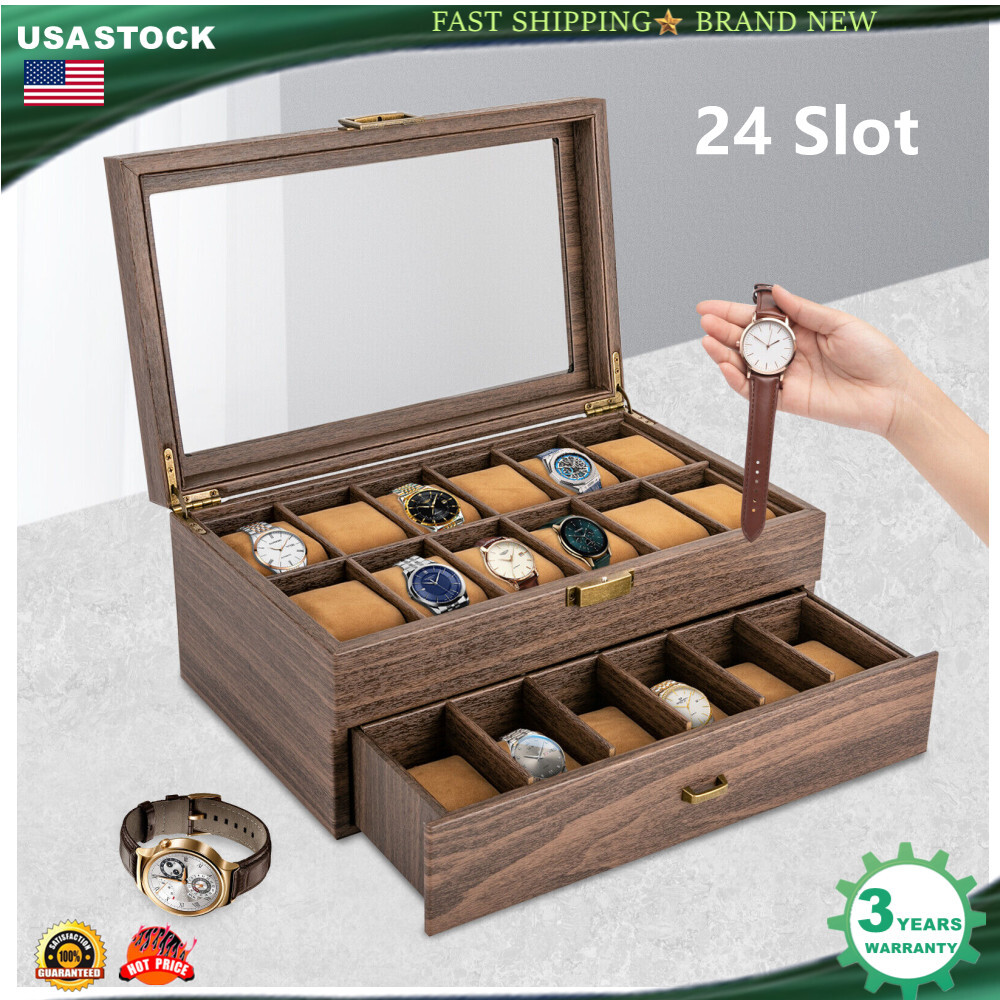 24 Slots Watch Box Watch Case Mens Jewelry Holder Watch Display Case w/  Drawer