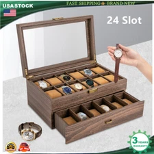 24 Slots Watch Box Watch Case Mens Jewelry Holder Watch Display Case w/ Drawer