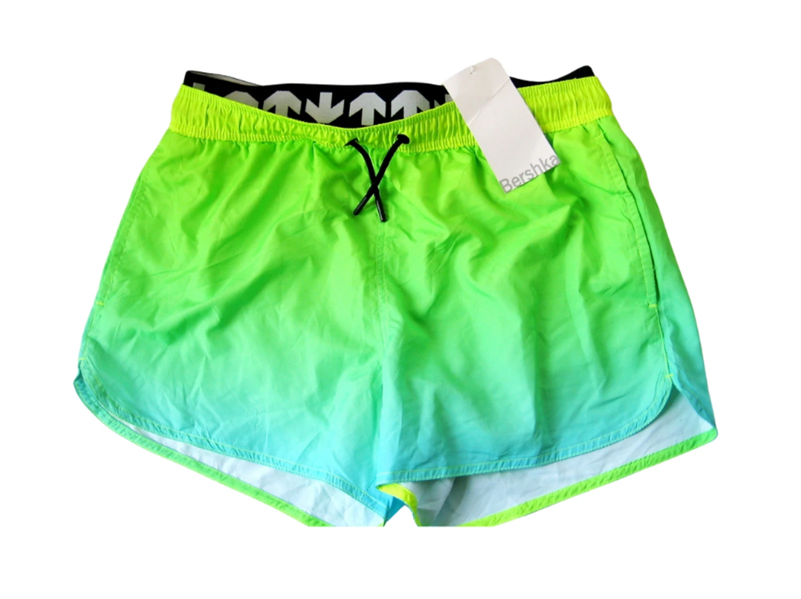 www.prominentresults.com :A0315 Bershka NEW Women's Green Build-In Mesh Brief Pockets Track Running Shorts