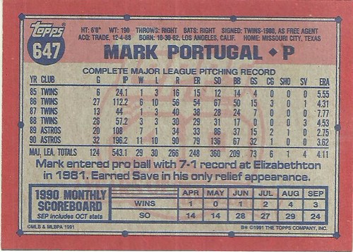 Mark Portugal Houston Astros #647 - Topps NM-MT 1991 - Bild 2 von 2