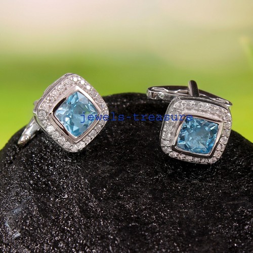 Boutons De Manchette Homme En Argent 925 Avec Topaze Bleue Naturelle Et Saphir - Style Ethnique