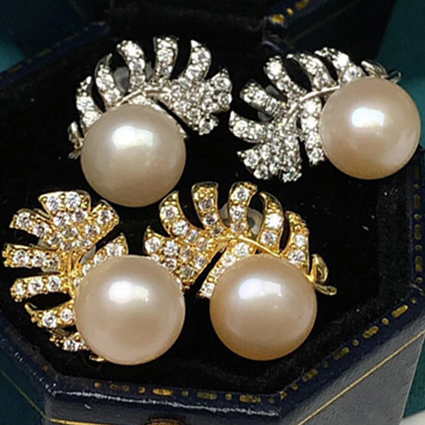 2 Pairs 8-9mm Pearl Beads Inlay Feather White &Yellow/Gold GP Stud Earrings AAA - Image 3 of 4