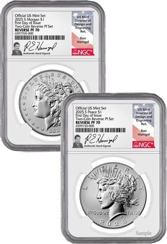 2025-S Morgan and Peace Silver Dollar 2pc Set Reverse Proof FDI NGC PF70