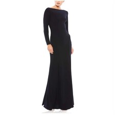 Ieena for Mac Duggal Womens Gown Dress Solid Blue Backless Long Sleeve 6 New