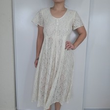 Vtg Cream Lace Midi Dress Cottagecore Boho Short Sleeve Romantic Wedding Size 10