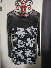 Forever21 Juniors Black Mini Dress Sheer Long Sleeve Flower Pattern. Size Large.