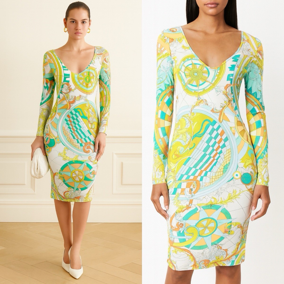EMILIO PUCCI V-Neck Abstract Print Long Sleeve Shift Mini Dress
