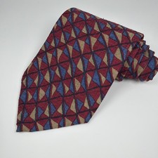 Vintage Austin Reed London Italian Silk Tie Geometric Pattern Blue & Burgundy