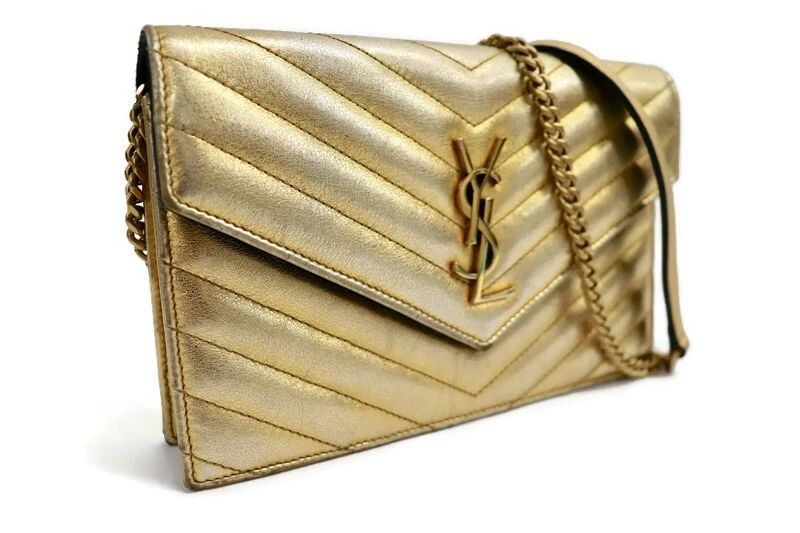 Saint Laurent — SAINT LAURENT Gold Matelassé Monogram Chain Wallet Crossbody YSL Bag w/CoA