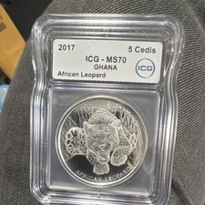 2017 Ghana 5 Cedis African Leopard Silver Coin MS70 ICG Certified #4605620302