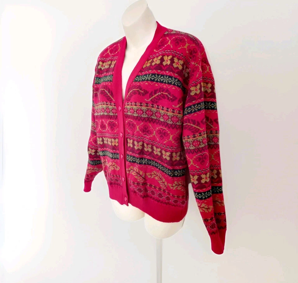 Vintage 70s 80s Funky Red Xmas Knitwear Cardigan size M 14 16 UK Made in England - Image 2 of 4