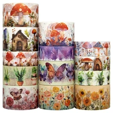 Washi Tape Set 13 Rolls - Mushroom Butterfly Floral Decorative Tape, Colored Mas