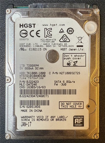 HGST, 1TB, 7K1000-1000, HTS721010A9E630, S/N: 620S1RDS, SATA HDD