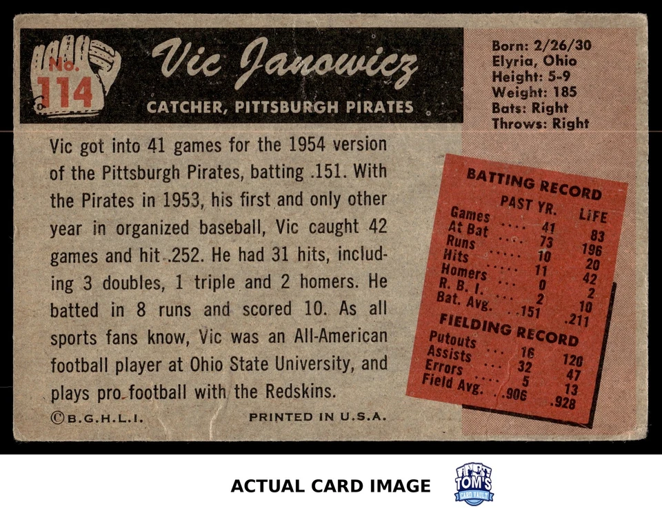 1955 Bowman #114 VIC JANOWICZ Pittsburgh Pirates VG (CREASE) - Image 2 of 4